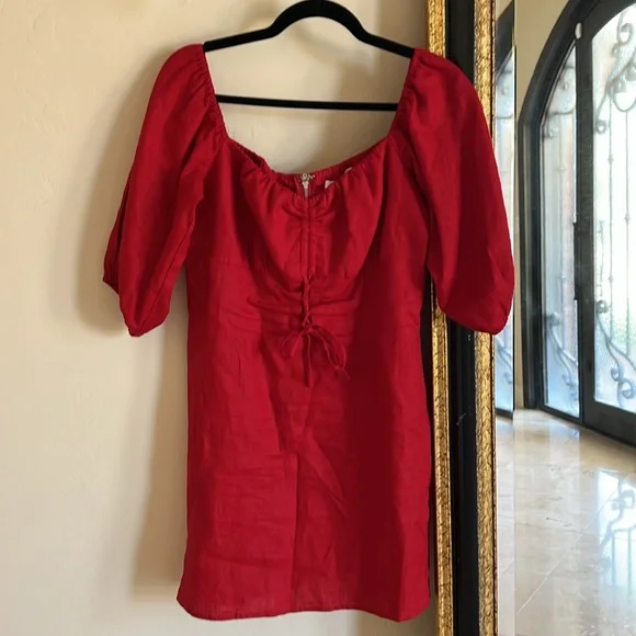 REFORMATION Kathryn 💯 Linen Red Puff Sleeve Dress